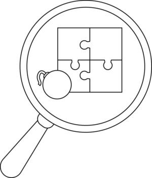 A magnifying glass focuses on a fourpiece jigsaw puzzle and a round object with a looped fuse vector