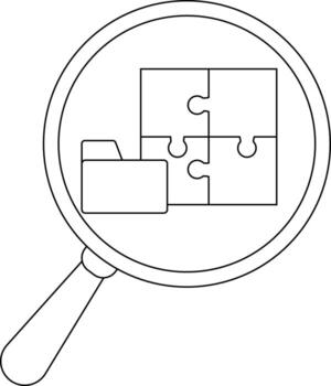 A magnifying glass focuses on a puzzle and folder rendered in outline vector