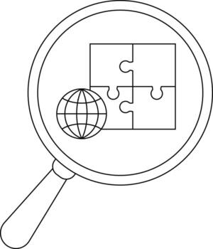 A magnifying glass frames a globe 4piece puzzle hinting at complex solutions vector