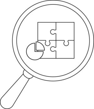 A magnifying glass zooms in on a jigsaw puzzle with a pie chart segment placed near it vector