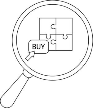Magnifying glass focuses on a puzzle and a Buy button vector