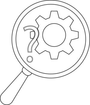 A magnifying glass examines a question mark and a gear suggesting problemsolving or investigation vector
