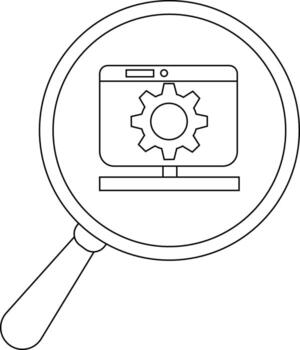 Magnifying glass focuses on a computer monitor displaying a gear icon symbolizing software or settings search vector