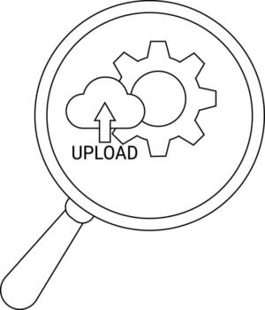 aumentador vaso revela un subir nube icono junto a un engranaje con subir texto debajo el nube vector