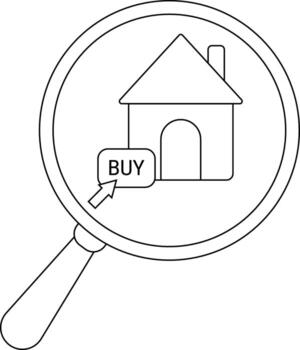 House icon under magnifying glass next to a BUY button with an arrow pointing to it vector