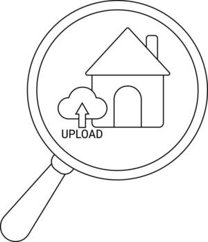 Magnifying glass focuses on a house with cloud and arrow icon labeled UPLOAD vector