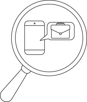 A magnifying glass focuses on a phone displaying a briefcase in a message bubble vector