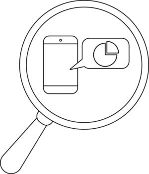 A magnifying glass focuses on a phone sending a pie chart graphic in a speech bubble vector