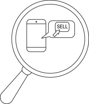 A magnifying glass focuses on a phone displaying a SELL speech bubble vector