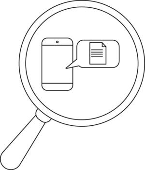 A magnifying glass focuses on a phone with a document icon in a speech bubble vector