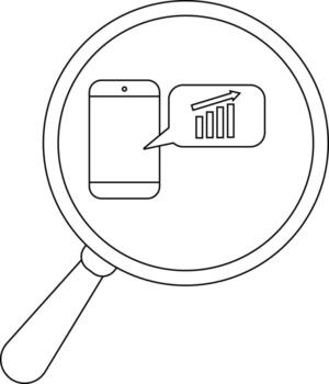 A magnifying glass focuses on a phone with a speech bubble showcasing a rising bar graph and an upward arrow vector