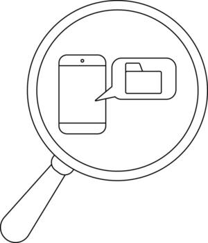 A magnifying glass zooms in on a phone with a folder icon in a speech bubble vector