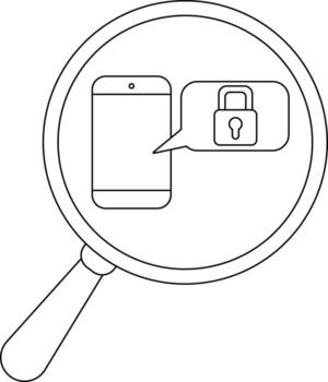 A phone with a security lock icon inside a speech bubble all viewed through a magnifying glass vector