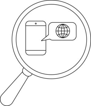Magnifying glass view of a smartphone and a speech bubble with a globe inside vector
