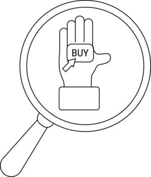 A magnifying glass focuses on a hand with a BUY button vector