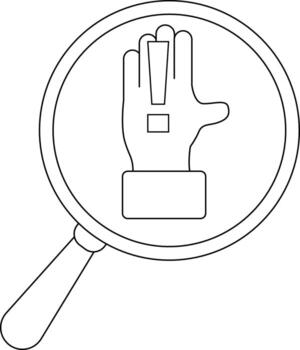A magnifying glass over a hand with an exclamation mark on its palm and a rectangle on the wrist vector