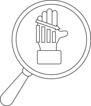 Hand with declining bars inside magnifying glass simple line art vector
