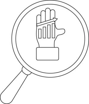 Magnifying glass highlighting a hand graphic with an upward trending bar graph and arrow overlay vector