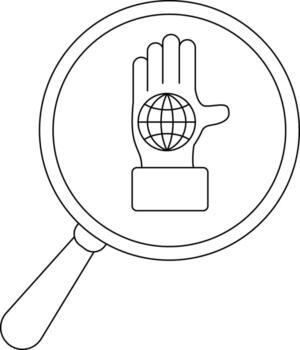 Magnifying glass viewing a hand with a globe on it simple black and white illustration vector