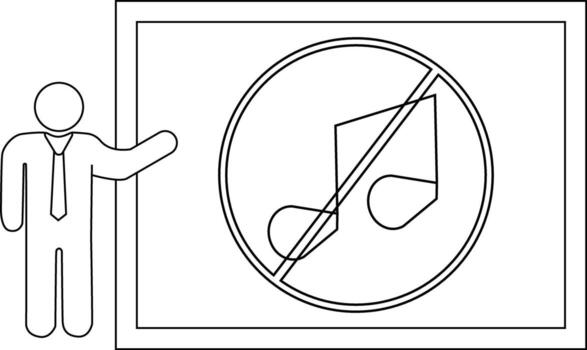 A figure stands near a sign displaying a music note crossed out inside a double circle and square frame vector