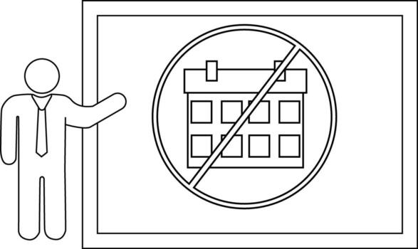 A person points to a sign with a calendar icon crossed out in a double lined circle within a double lined square vector