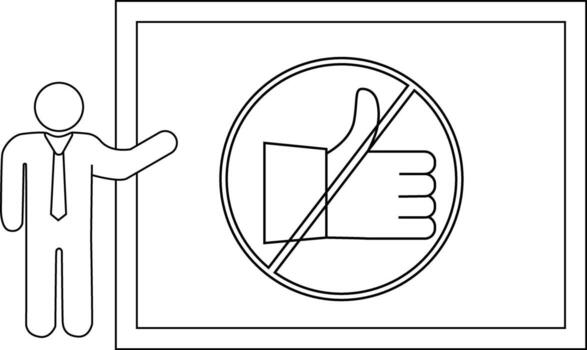 A person points to a sign with a thumbs down symbol crossed out within a rectangle vector