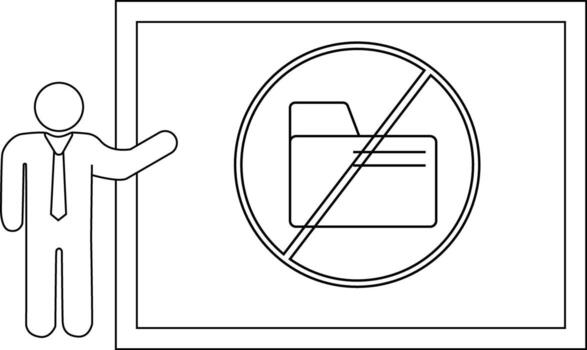 A stick figure presents a board with a folder icon crossed out inside a circle vector