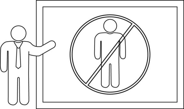 Line art showing a man presenting no entry sign with stick figure inside a circle with diagonal line vector