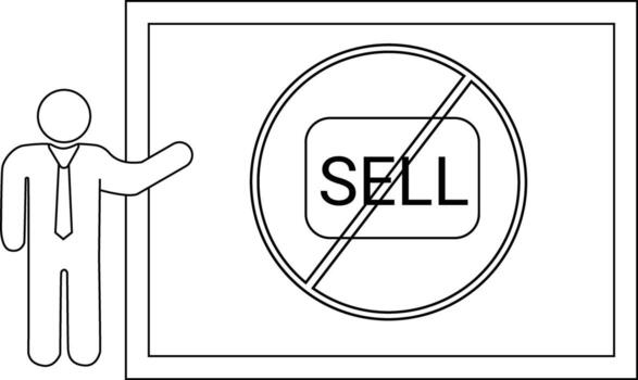 Line drawing of a figure presenting a no sell sign in a frame minimalist design vector