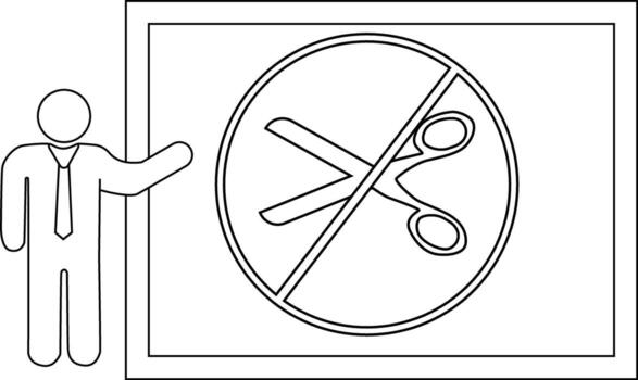 Man points to a sign with crossedout scissors indicating a no cutting rule or warning against scissors use vector