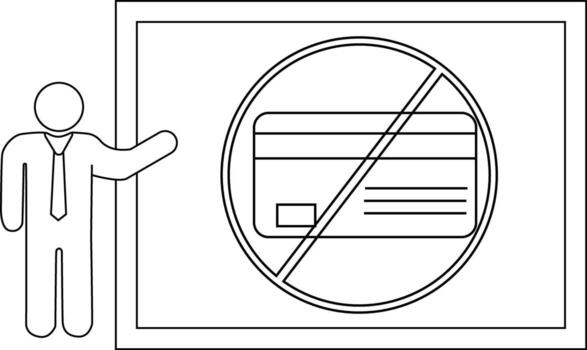 Man gesturing towards a sign depicting a credit card crossed out with a circle inside a rectangular frame vector