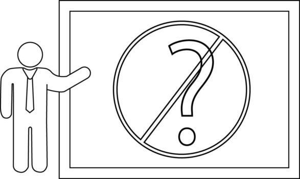 Stick figure presenting no questions sign question mark crossed out in circle on board vector