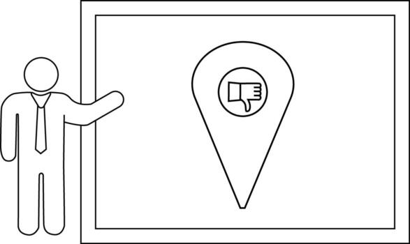 A figure gestures to a screen with a location pin displaying a thumbsdown symbol vector