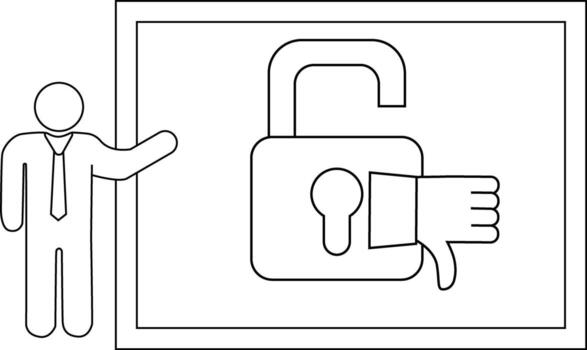 A figure presents a board displaying an open lock with a thumbsdown sign overlayed vector