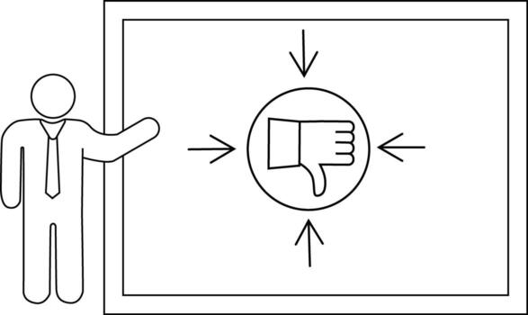 A person points to a board with a thumbs down symbol surrounded by arrows pointing inward vector