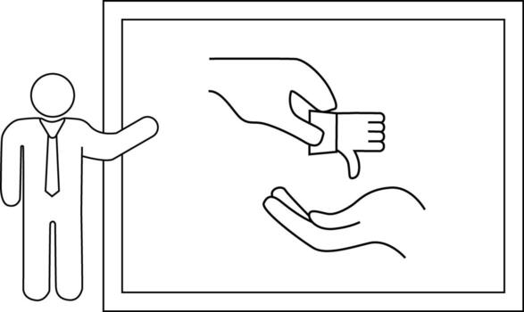 Presenter gesturing towards a framed graphic of a thumbsdown hand being dropped into an open hand vector