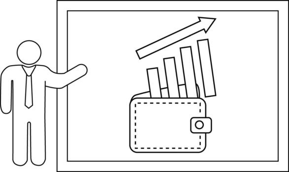 A stick figure stands next to a whiteboard displaying a wallet bar graph and upward arrow vector