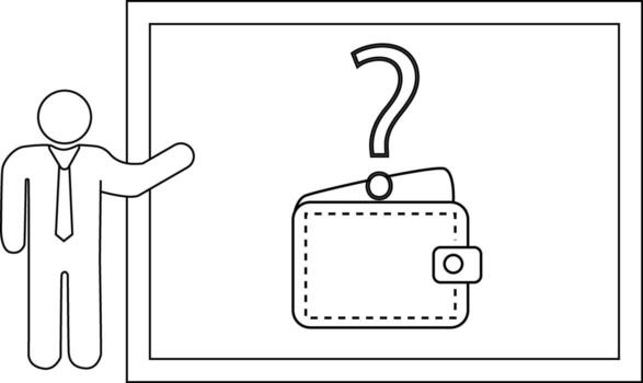 Illustration shows a person presenting a graphic of a wallet with a question mark above it vector