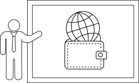 Outline of a presenter beside a frame showing a wallet holding a globe vector