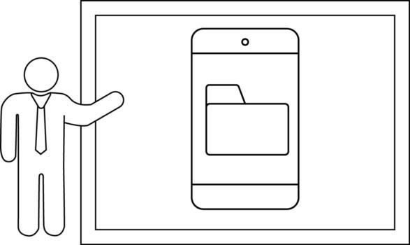 un figura señalando a un pantalla demostración un teléfono inteligente con un archivo carpeta icono vector