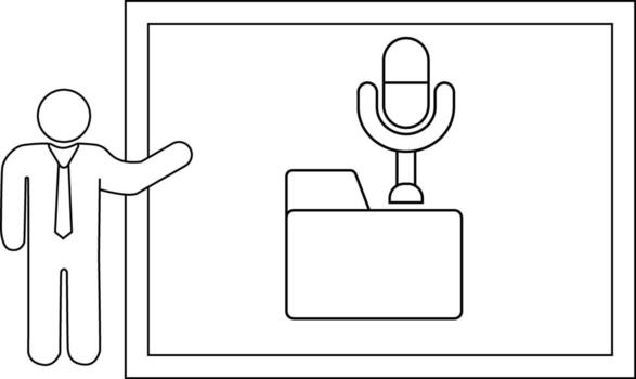 A presenter indicates a screen showing a microphone atop a folder vector