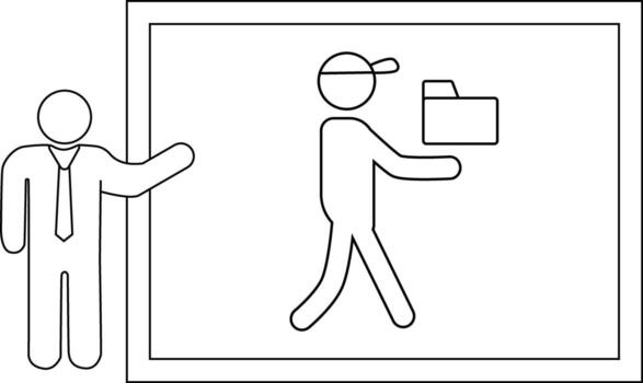 A stickfigure presentation one man stands near a screen showing another man carrying a folder vector