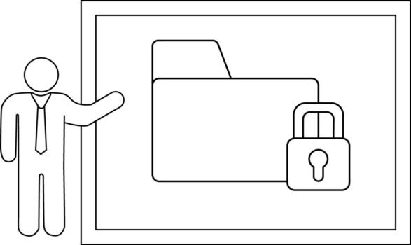 An outlined graphic shows a figure presenting a folder locked with a padlock The image is framed with a simple double border vector