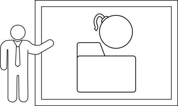 Line art showing presenter board displaying bomb icon folder icon vector