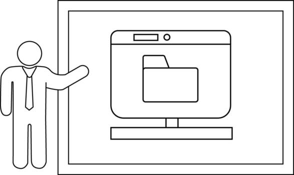 Man pointing to a screen showing a folder on a monitor in a frame vector