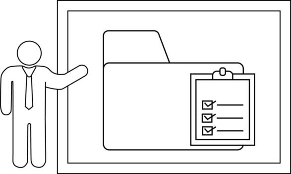 Outline depicts a figure presenting a folder with a checklist inside a frame vector