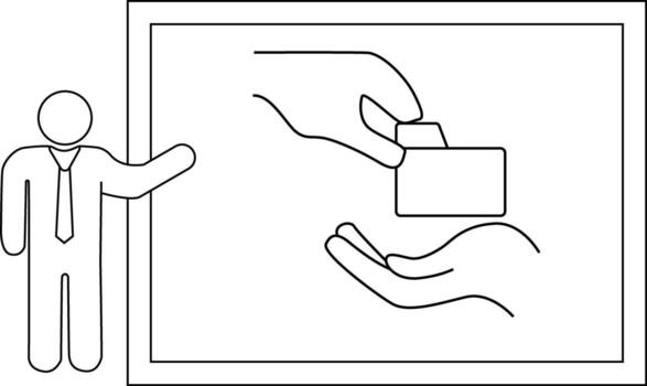 Outline depicts a stick figure presenting an image of hands passing a folder vector