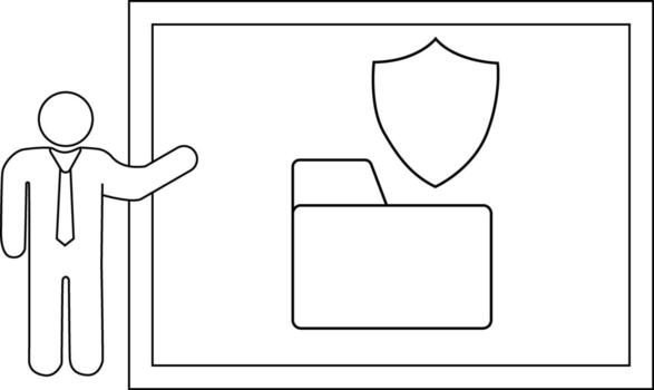 Outline drawing shows folder under a shield with a person gesturing toward it Its in a frame vector