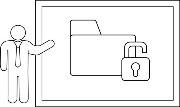 Stick figure points to a chart with a file folder and an open padlock symbolizing data security or access vector