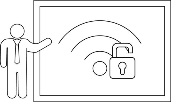 A figure presents a frame displaying an open padlock with WiFi symbol vector